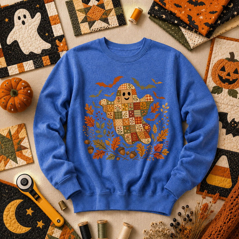Cute Fall Patchwork Ghost With Bats Long Sleeve - Heather True Royal
