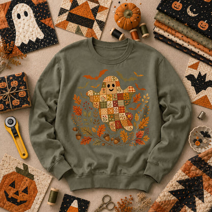 Cute Fall Patchwork Ghost With Bats Long Sleeve - Military Green