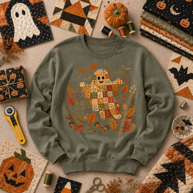 Cute Fall Patchwork Ghost With Bats Long Sleeve - Military Green
