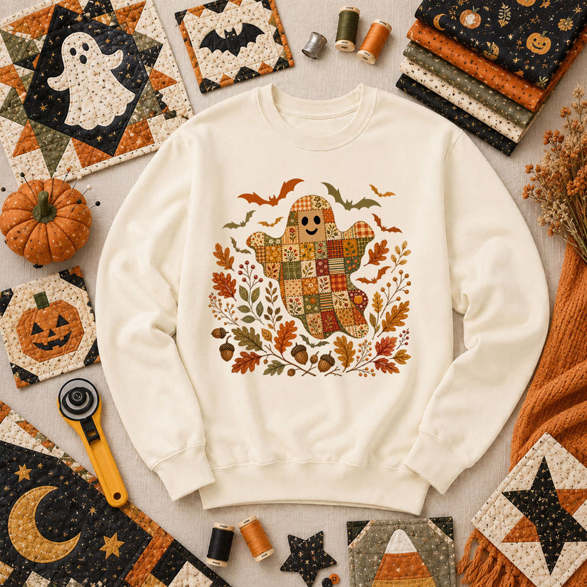 Cute Fall Patchwork Ghost With Bats Long Sleeve - Natural