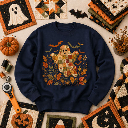 Cute Fall Patchwork Ghost With Bats Long Sleeve - Navy
