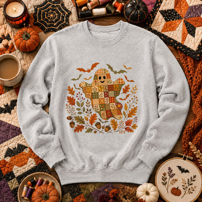 Cute Fall Patchwork Ghost With Bats Long Sleeve - Sport Grey