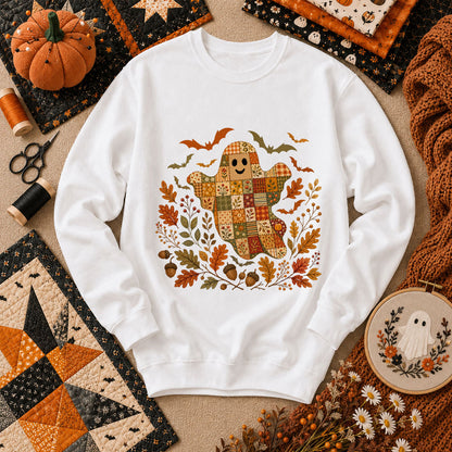 Cute Fall Patchwork Ghost With Bats Long Sleeve - White