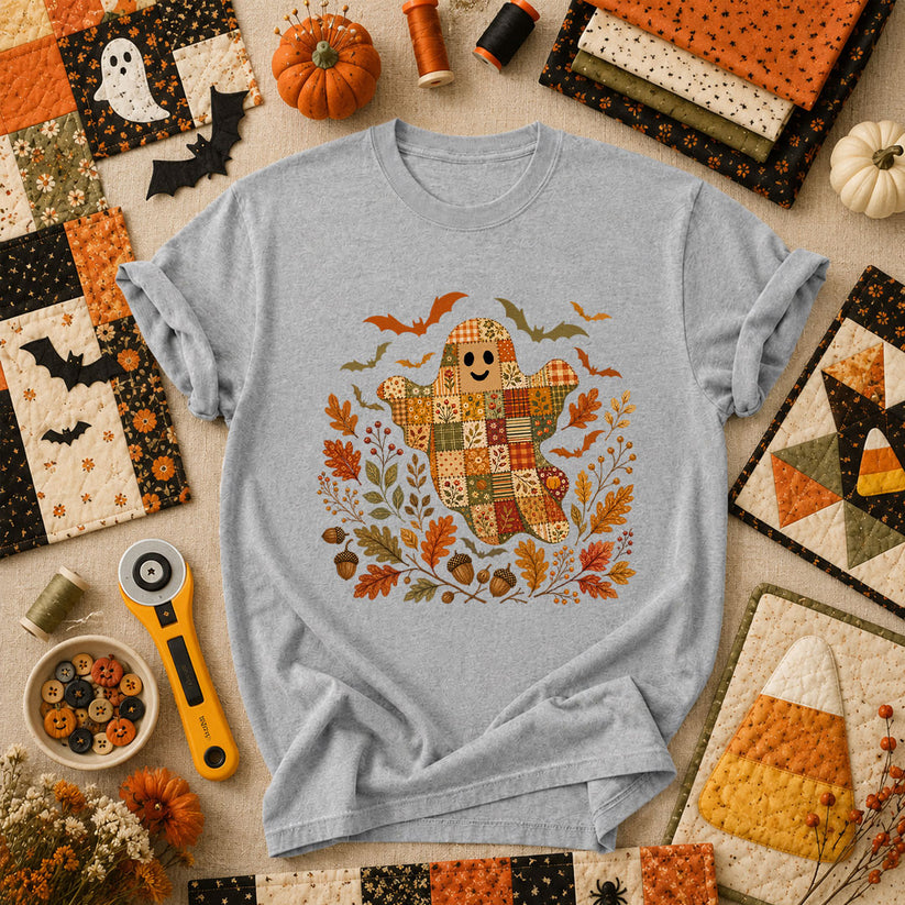Cute Fall Patchwork Ghost With Bats T-Shirt - Athletic Heather