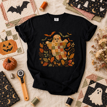 Cute Fall Patchwork Ghost With Bats T-Shirt - Black