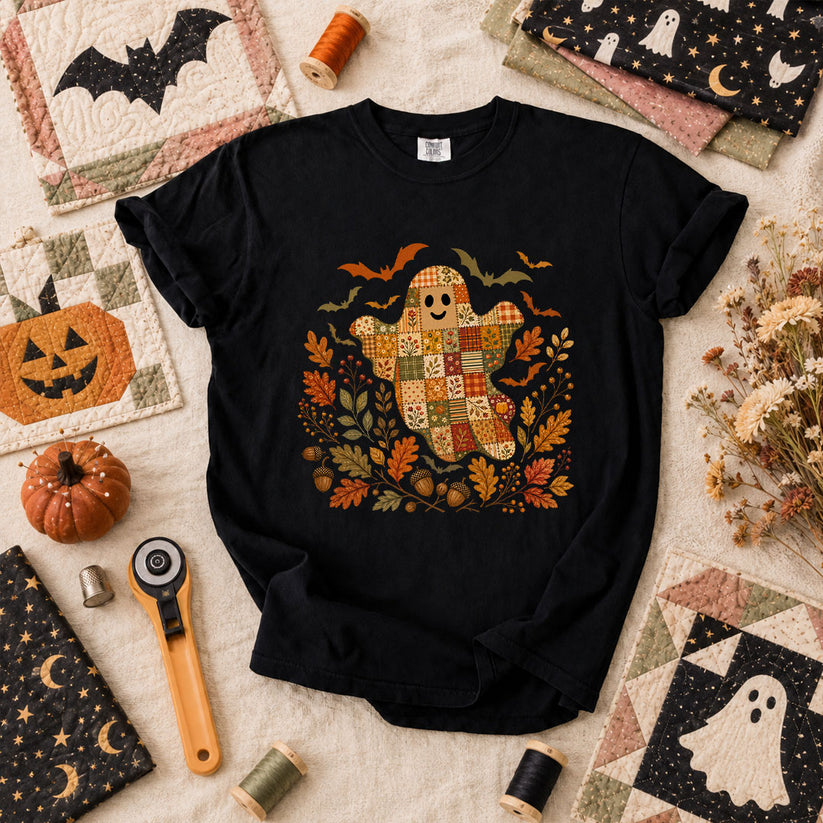 Cute Fall Patchwork Ghost With Bats T-Shirt - Black