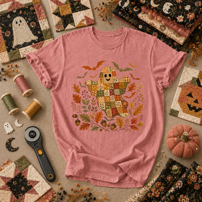 Cute Fall Patchwork Ghost With Bats T-Shirt - Heather Mauve
