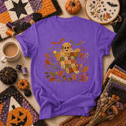 Cute Fall Patchwork Ghost With Bats T-Shirt - Heather Team Purple