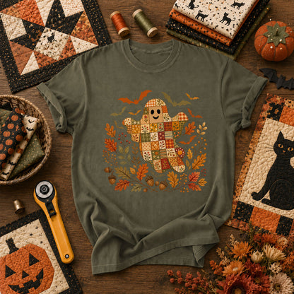 Cute Fall Patchwork Ghost With Bats T-Shirt - Military Green