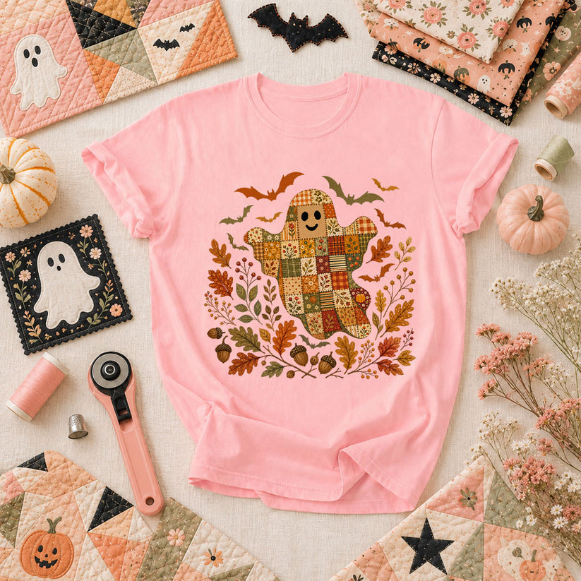Cute Fall Patchwork Ghost With Bats T-Shirt - Pink