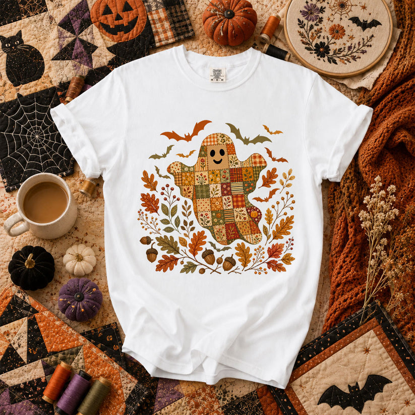 Cute Fall Patchwork Ghost With Bats T-Shirt - White