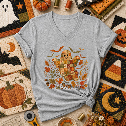 Cute Fall Patchwork Ghost With Bats Women's V-Neck - Athletic Heather