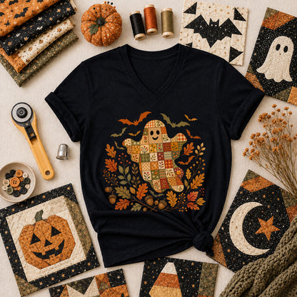 Cute Fall Patchwork Ghost With Bats Women's V-Neck - Black