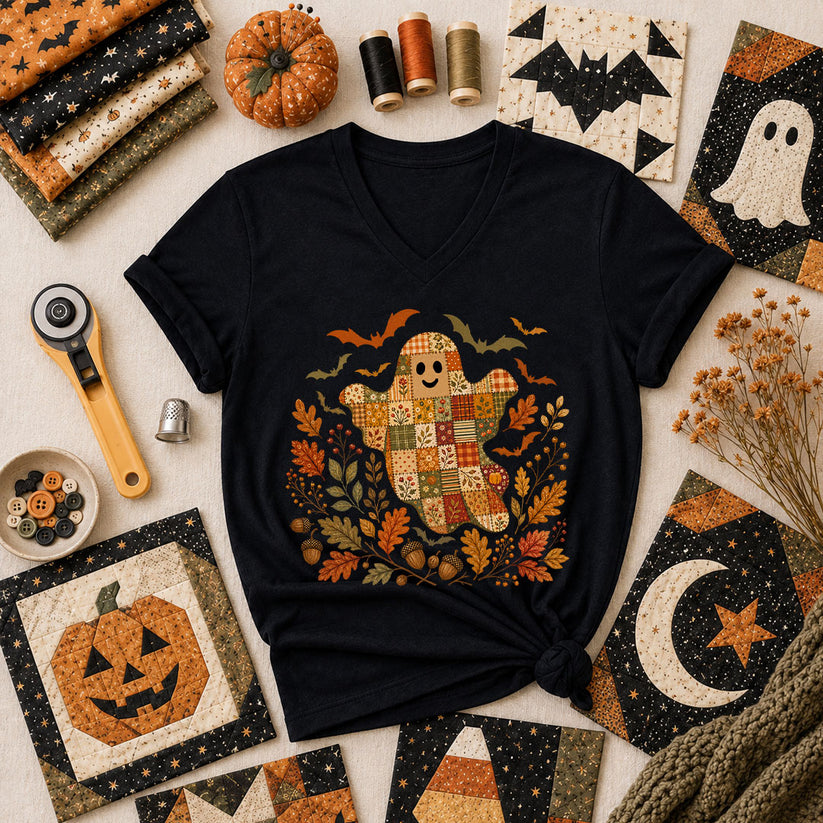 Cute Fall Patchwork Ghost With Bats Women's V-Neck - Black