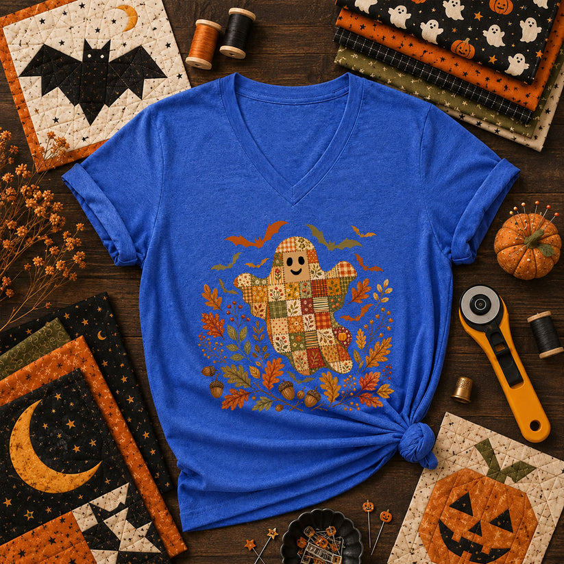 Cute Fall Patchwork Ghost With Bats Women's V-Neck - Heather True Royal