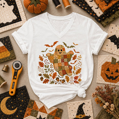 Cute Fall Patchwork Ghost With Bats Women's V-Neck - White