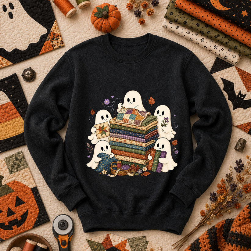 Cute Ghosts Holding Fabric Stack Long Sleeve - Black