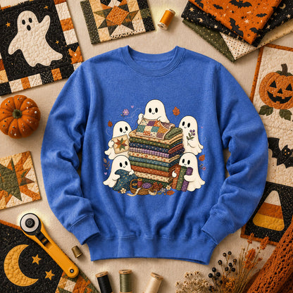 Cute Ghosts Holding Fabric Stack Long Sleeve - Heather True Royal