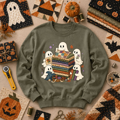 Cute Ghosts Holding Fabric Stack Long Sleeve - Military Green