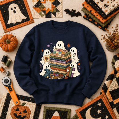 Cute Ghosts Holding Fabric Stack Long Sleeve - Navy