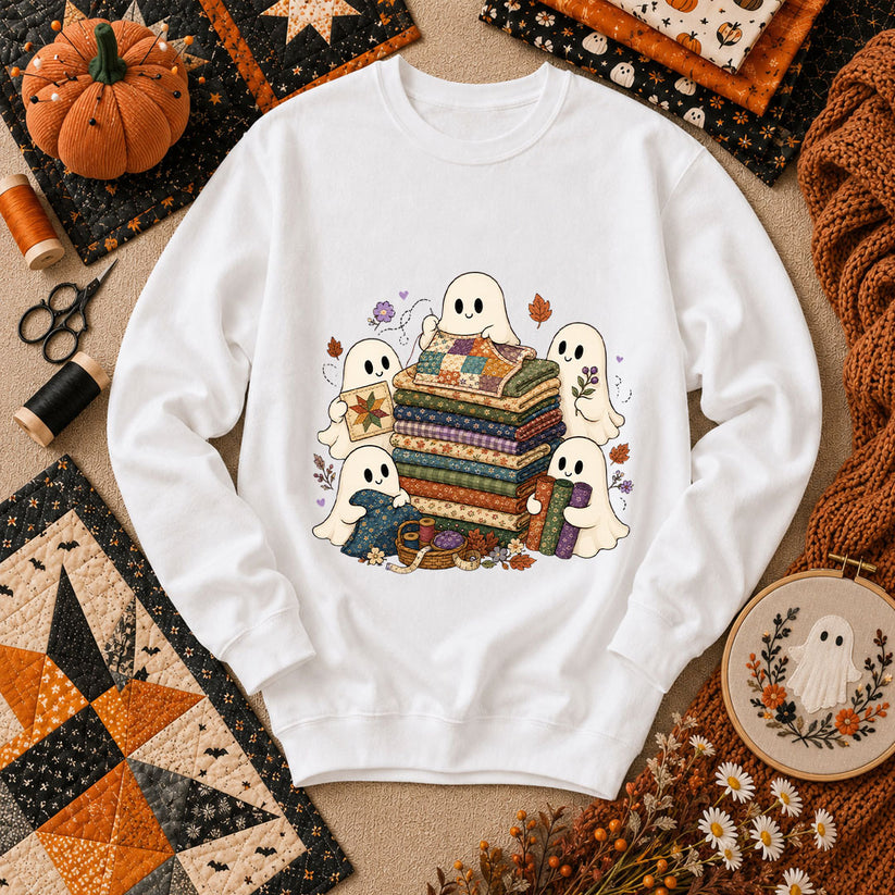 Cute Ghosts Holding Fabric Stack Long Sleeve - White