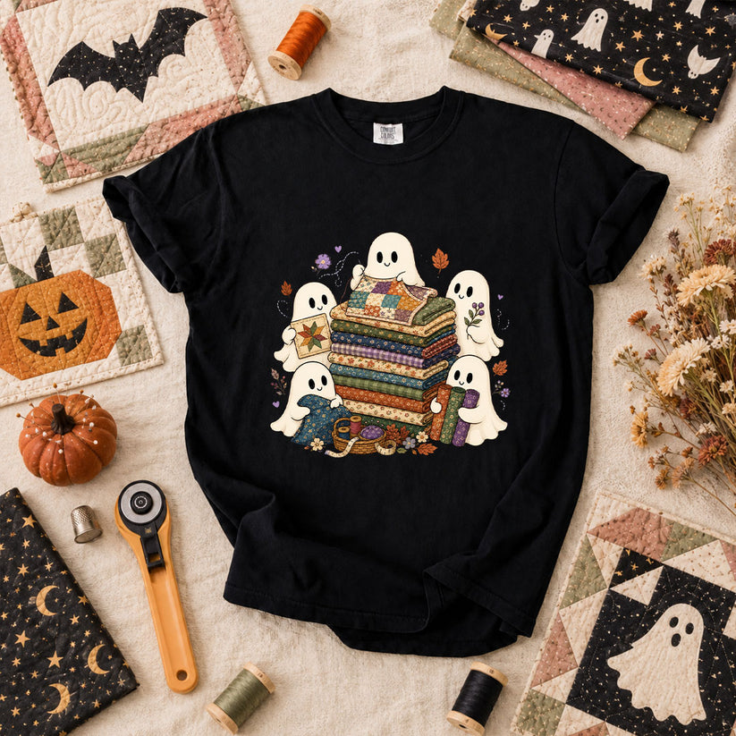 Cute Ghosts Holding Fabric Stack T-Shirt - Black
