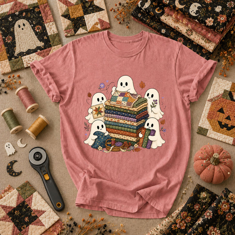 Cute Ghosts Holding Fabric Stack T-Shirt - Heather Mauve