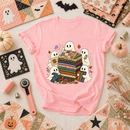 Cute Ghosts Holding Fabric Stack T-Shirt - Pink