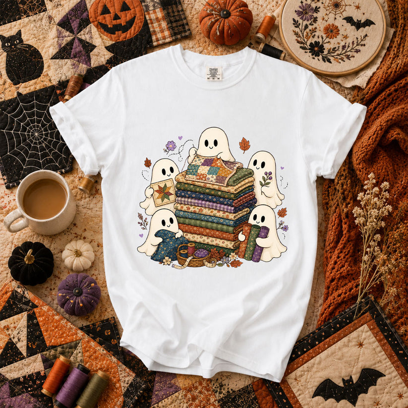 Cute Ghosts Holding Fabric Stack T-Shirt - White