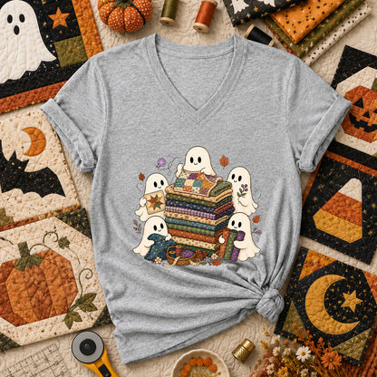 Cute Ghosts Holding Fabric Stack Women's V-Neck - Athletic Heather