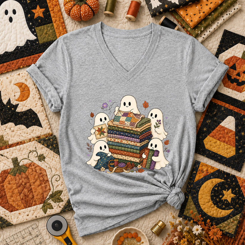 Cute Ghosts Holding Fabric Stack Women's V-Neck - Athletic Heather