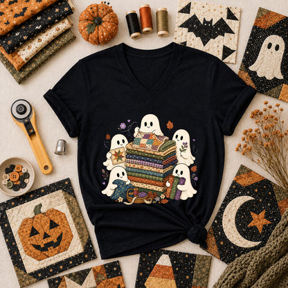 Cute Ghosts Holding Fabric Stack Women's V-Neck - Black