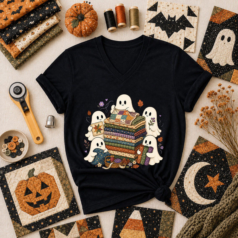 Cute Ghosts Holding Fabric Stack Women's V-Neck - Black