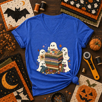 Cute Ghosts Holding Fabric Stack Women's V-Neck - Heather True Royal