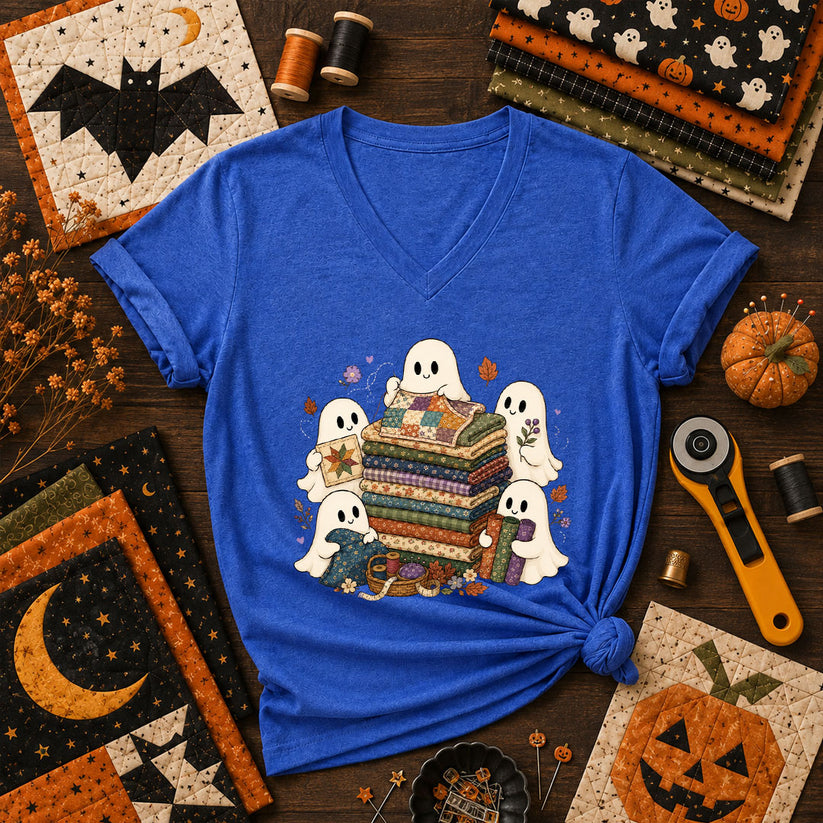 Cute Ghosts Holding Fabric Stack Women's V-Neck - Heather True Royal