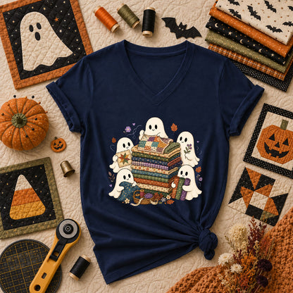 Cute Ghosts Holding Fabric Stack Women's V-Neck - Navy