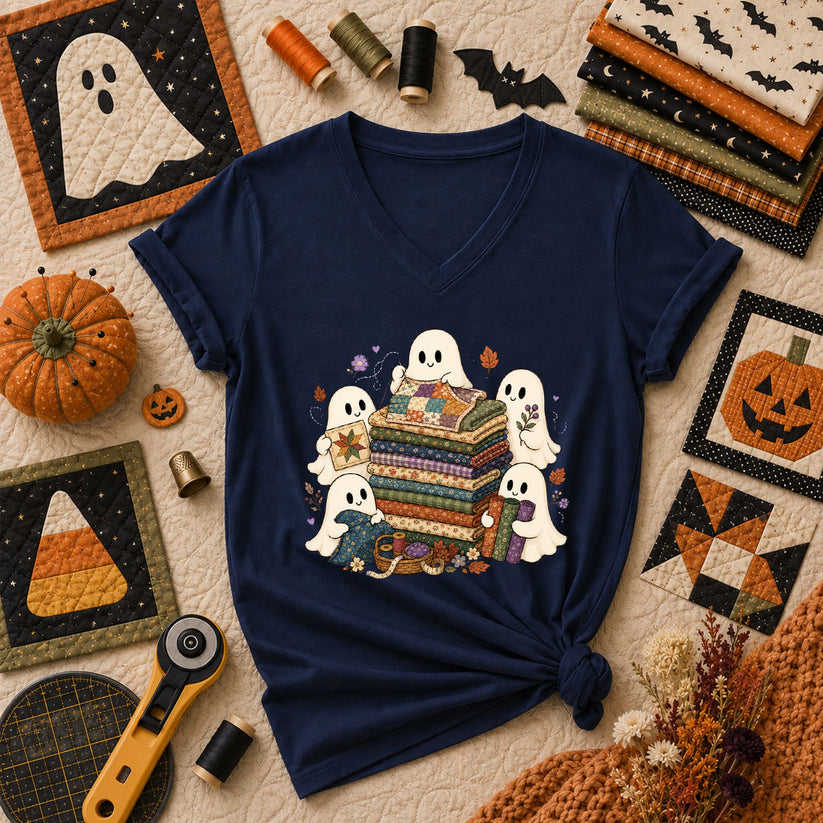 Cute Ghosts Holding Fabric Stack Women's V-Neck - Navy