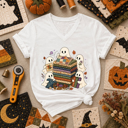 Cute Ghosts Holding Fabric Stack Women's V-Neck - White