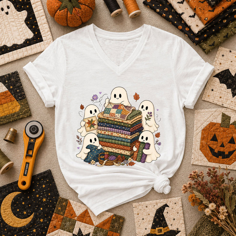 Cute Ghosts Holding Fabric Stack Women's V-Neck - White