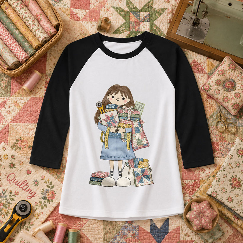 Cute Girl Hugging Quilts And Fabric Raglan Sleeve - Black