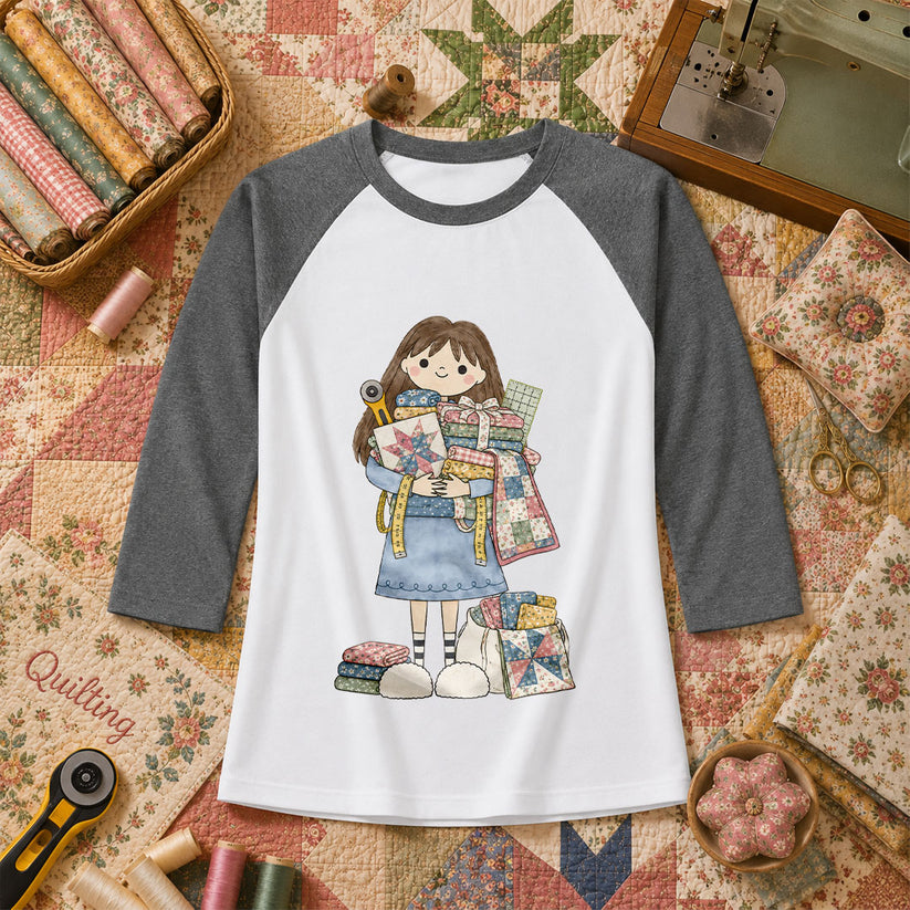 Cute Girl Hugging Quilts And Fabric Raglan Sleeve - Deep Heather