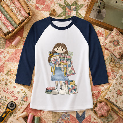 Cute Girl Hugging Quilts And Fabric Raglan Sleeve - Navy