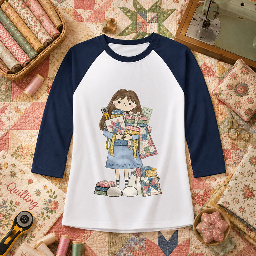 Cute Girl Hugging Quilts And Fabric Raglan Sleeve - Navy