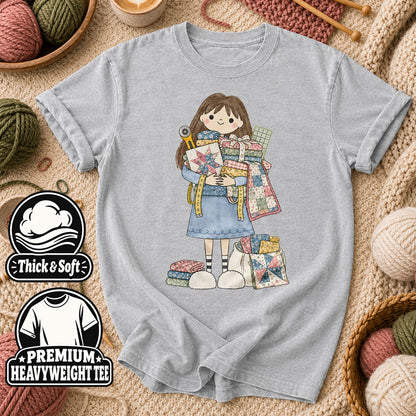 Cute Girl Hugging Quilts And Fabric T-Shirt - Athletic Heather