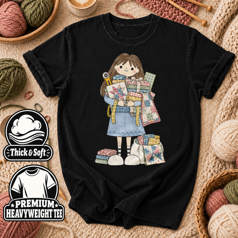Cute Girl Hugging Quilts And Fabric T-Shirt - Black