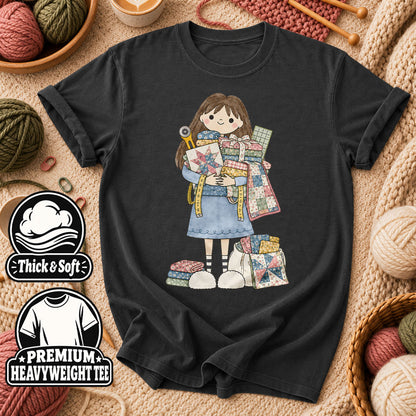 Cute Girl Hugging Quilts And Fabric T-Shirt - Dark Heather Grey