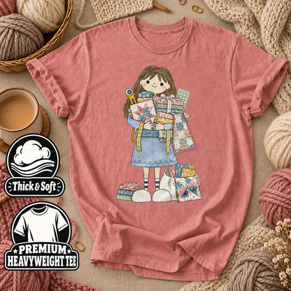 Cute Girl Hugging Quilts And Fabric T-Shirt - Heather Mauve
