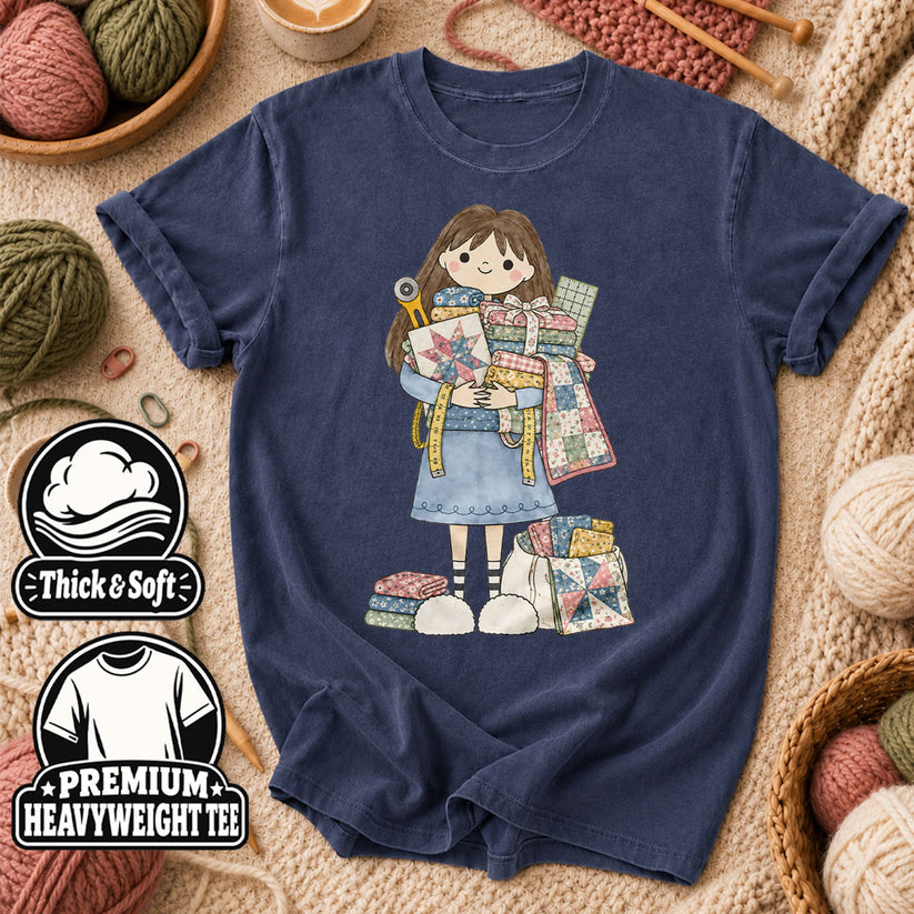 Cute Girl Hugging Quilts And Fabric T-Shirt - Heather Navy