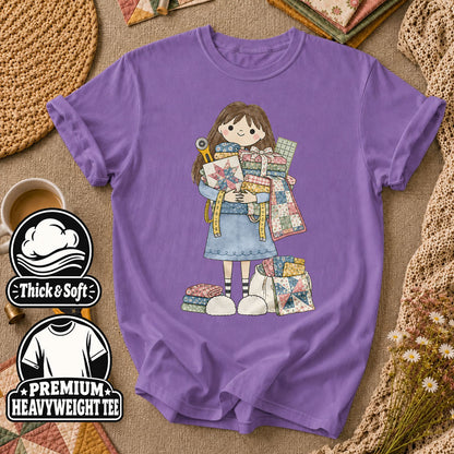 Cute Girl Hugging Quilts And Fabric T-Shirt - Heather Team Purple