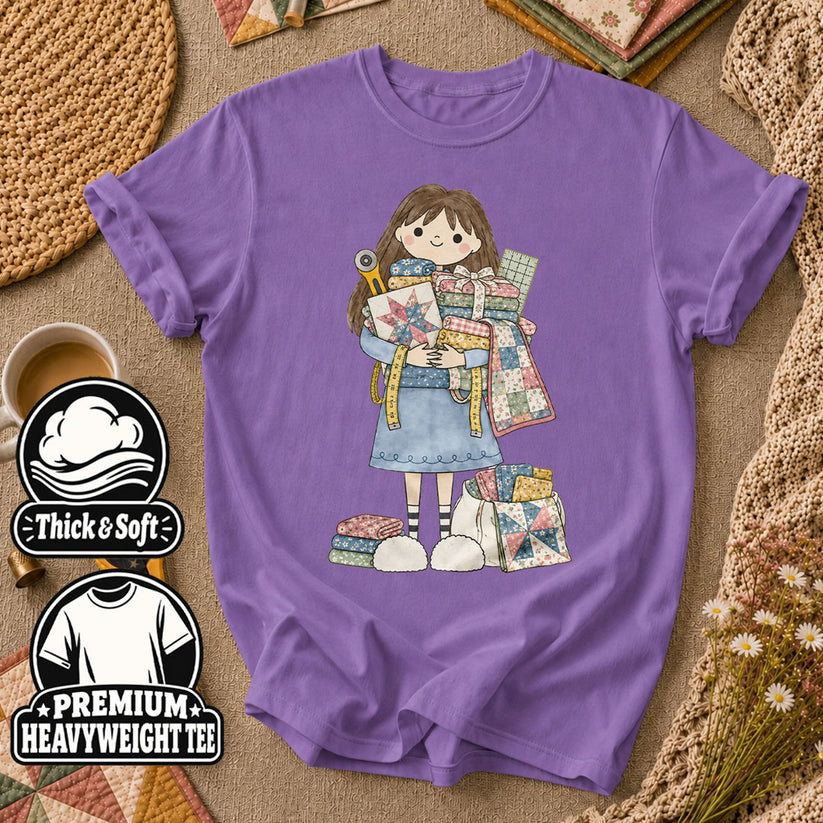 Cute Girl Hugging Quilts And Fabric T-Shirt - Heather Team Purple